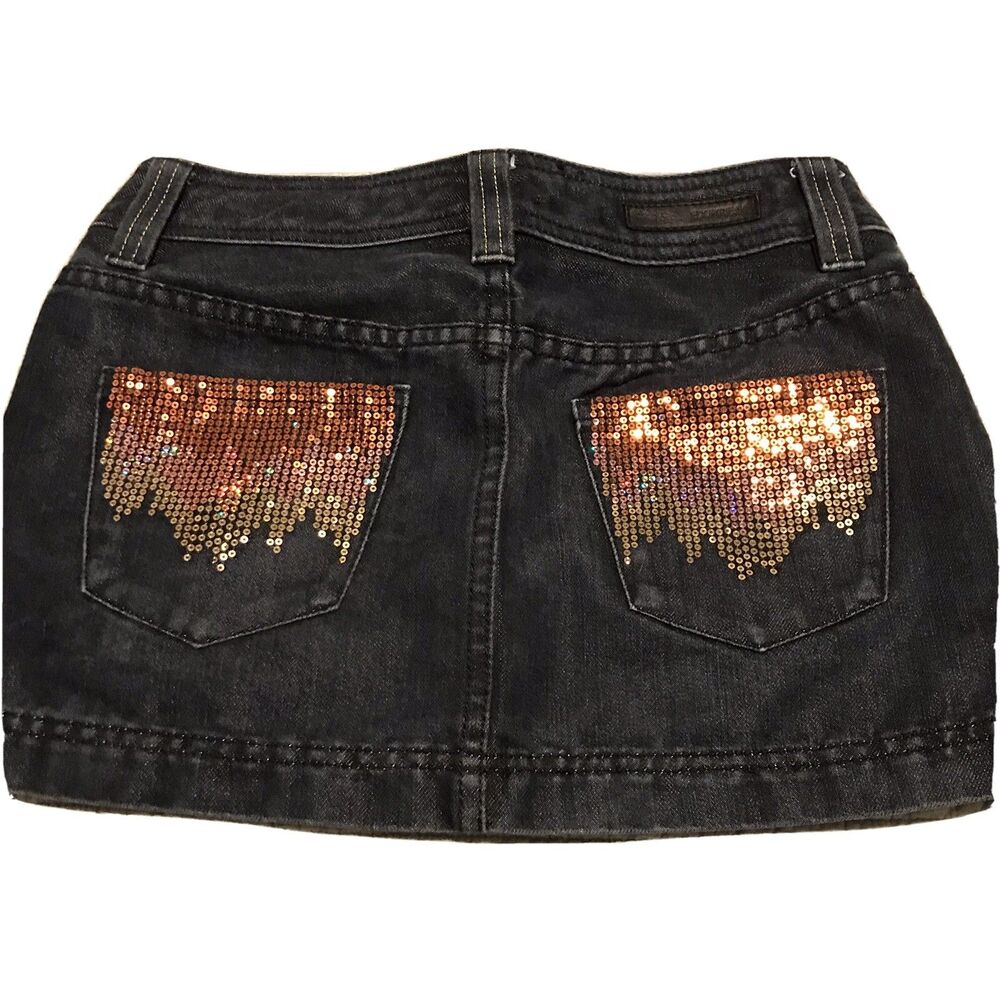 Express Jeans Denim Mini Skirt Gold Sequined Pockets Dark Wash Size 0